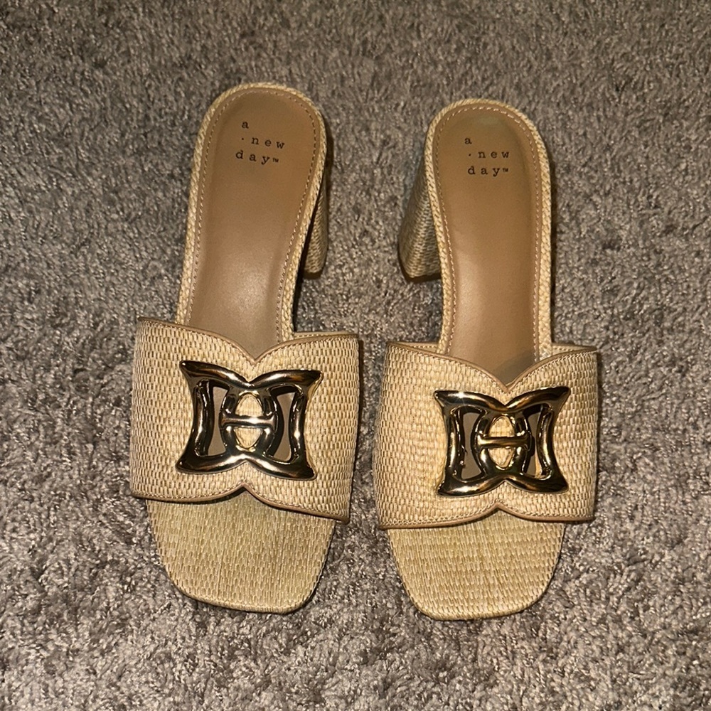 A New Day Tan Gold Mules with Metallic Embellishment